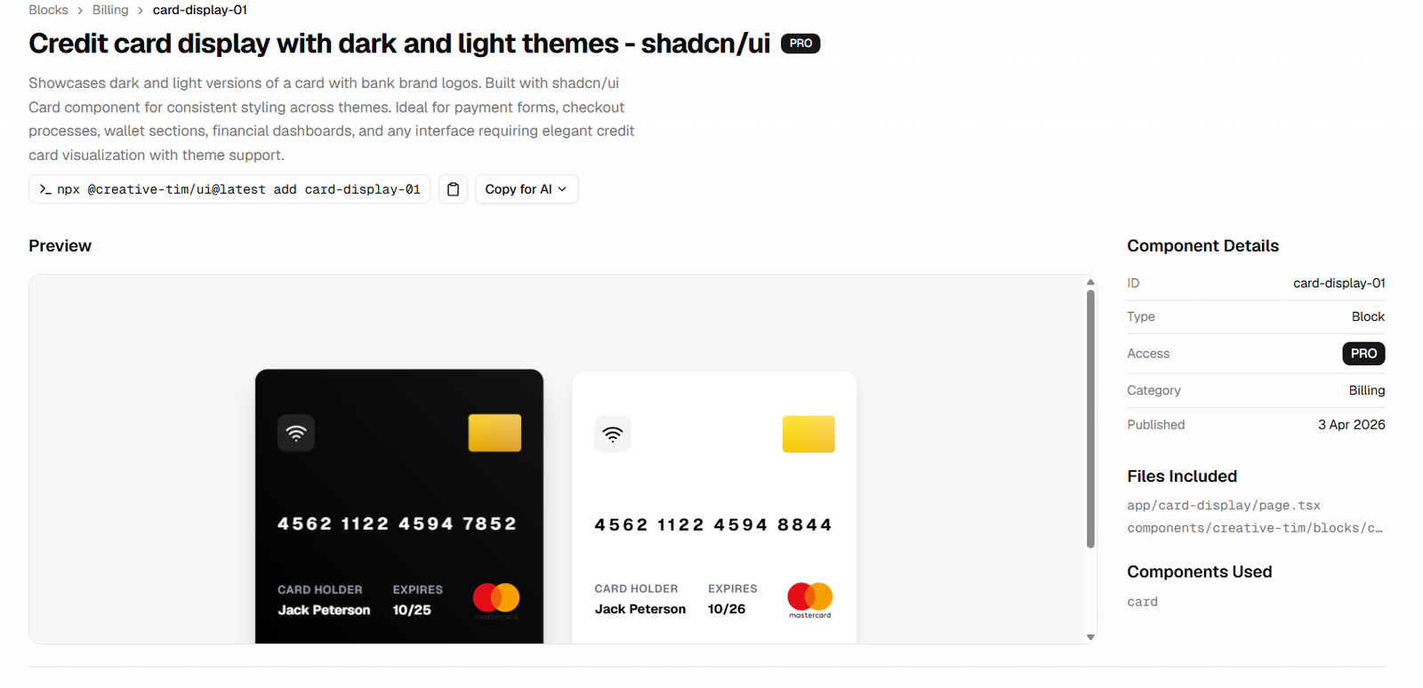 Creative Tim Shadcn billing and payment blocks