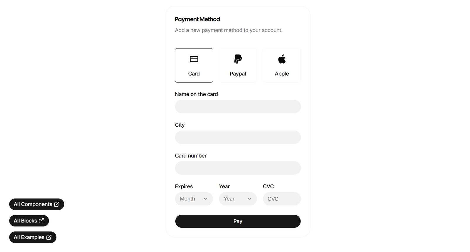 Shadcn UI Kit payment method card examples