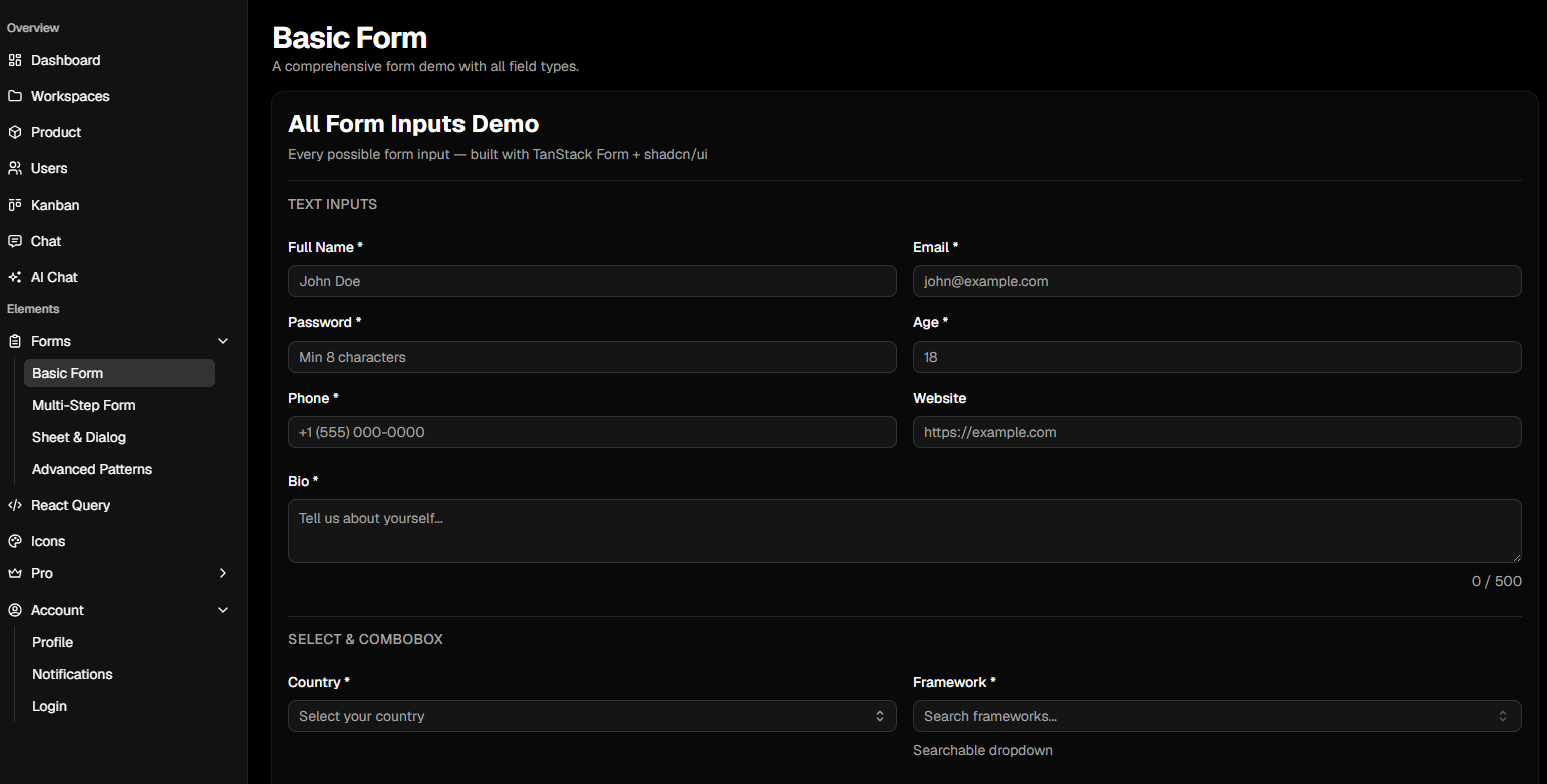 Next Shadcn Dashboard Starter forms
