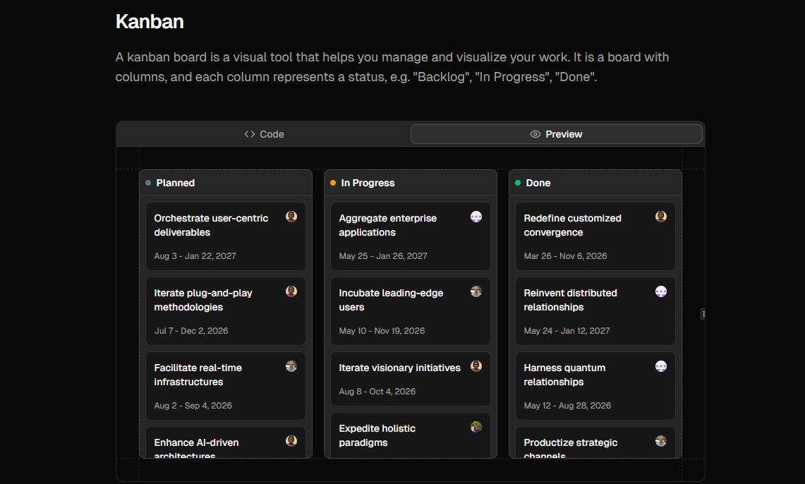 Kibo UI Kanban component preview