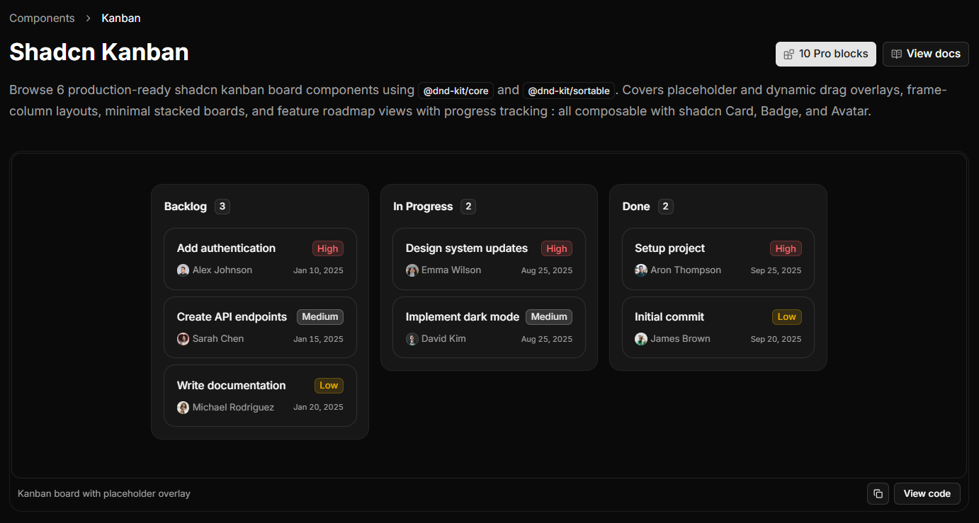 ReUI Shadcn Kanban component collection
