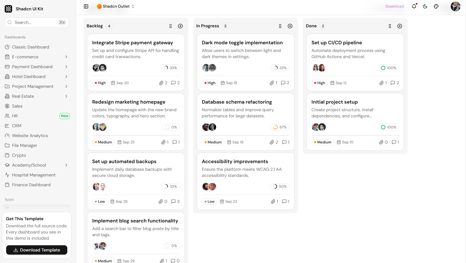 Shadcn UI Kit admin dashboard Kanban app