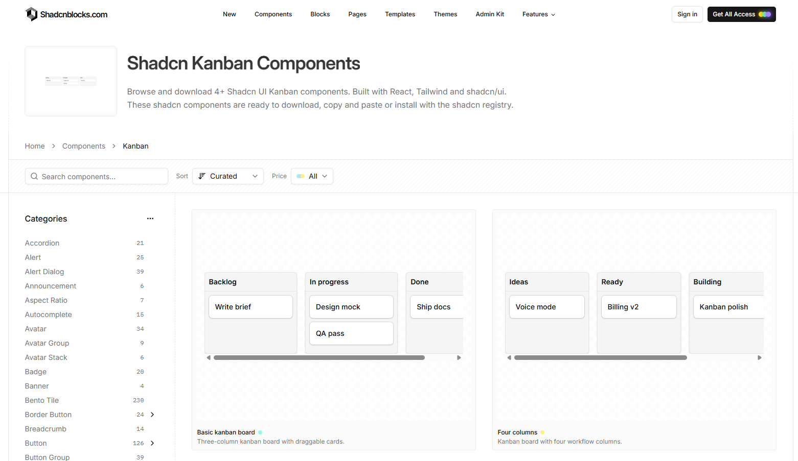 Shadcn Blocks basic three-column Kanban board