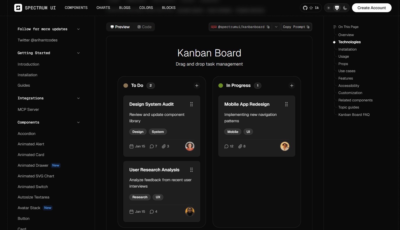Spectrum UI Kanban board component