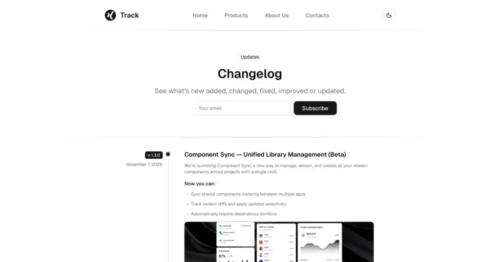 track shadcn astro template for changelog