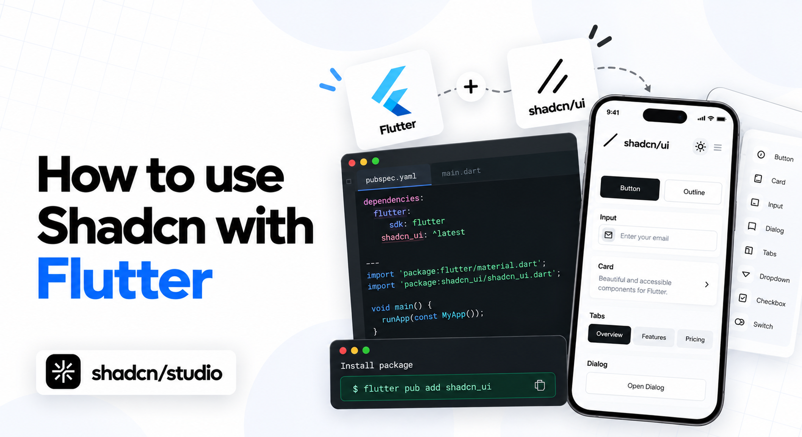 How to use Shadcn with Flutter tutorial cover showing a mobile app interface and reusable UI components