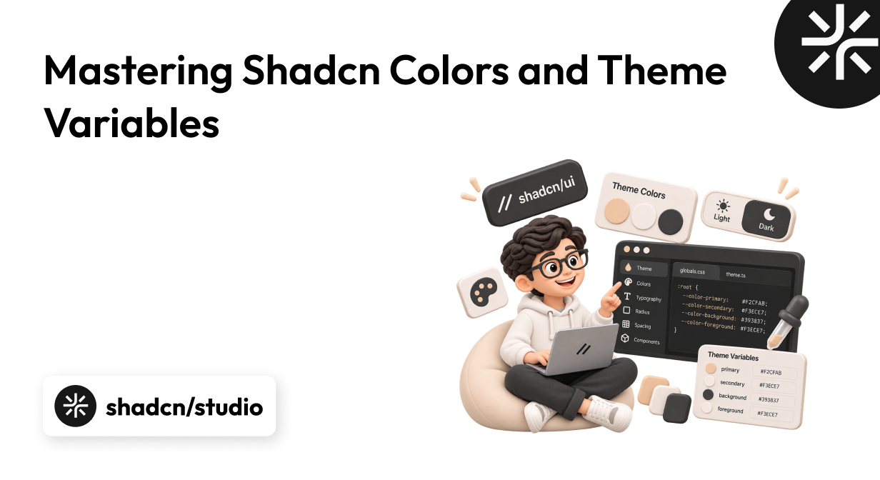 Shadcn UI colors and theme variables shown in light and dark themes