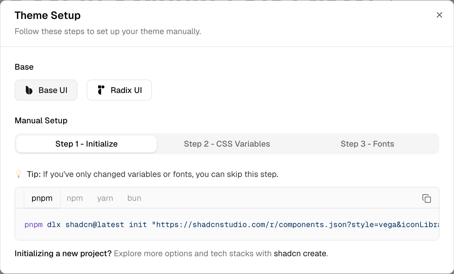 Shadcn Studio Theme Setup dialog showing the Base UI and Radix UI toggle, three setup steps, and package manager tabs