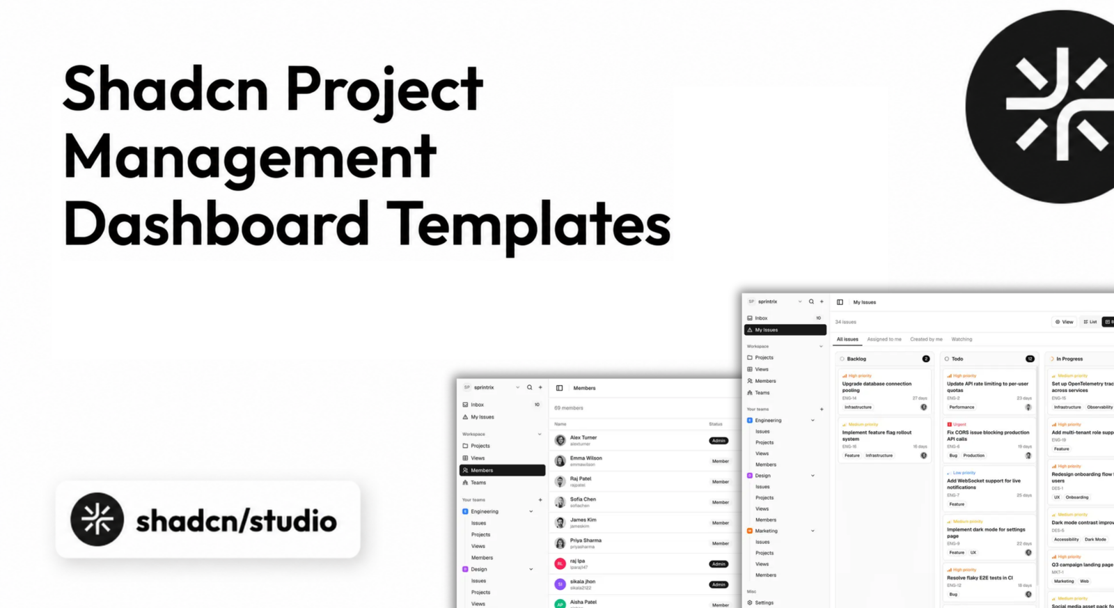 Shadcn project management dashboard with projects, tasks, charts, and team activity