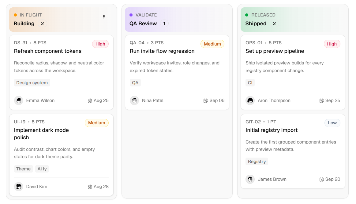 Shadcn Studio Kanban component for project dashboards