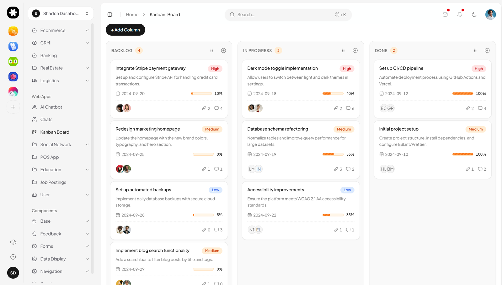 Shadcn UI Dashboard Kanban board template