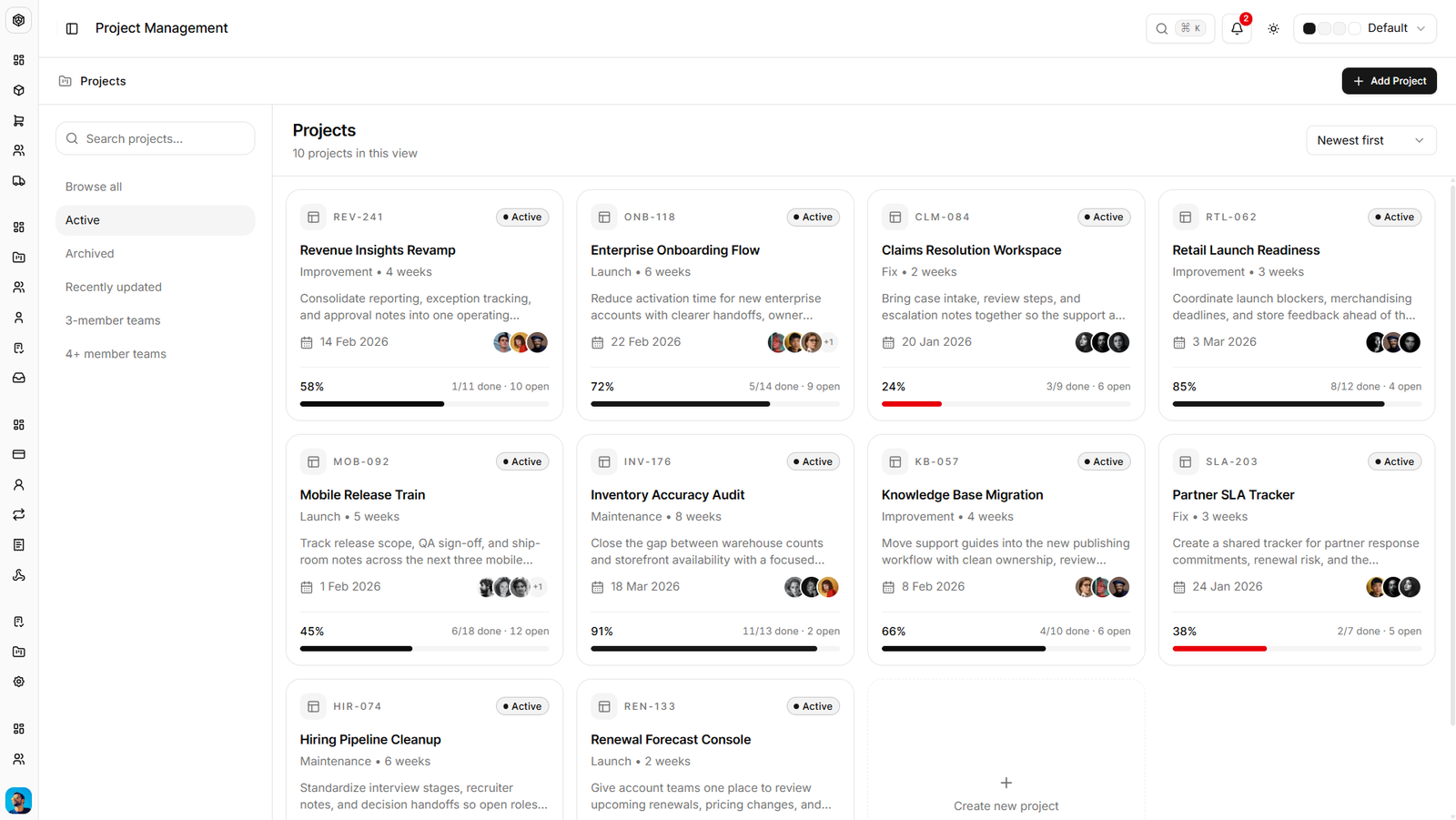 Shadcn Blocks project management admin dashboard