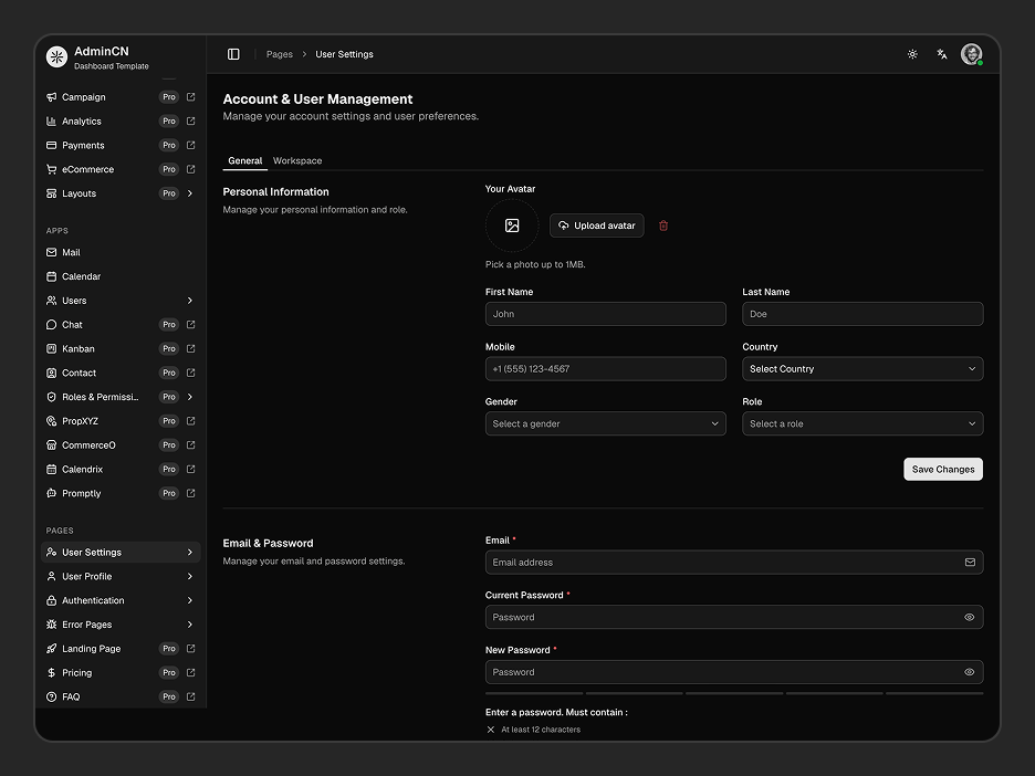 User Settings Page