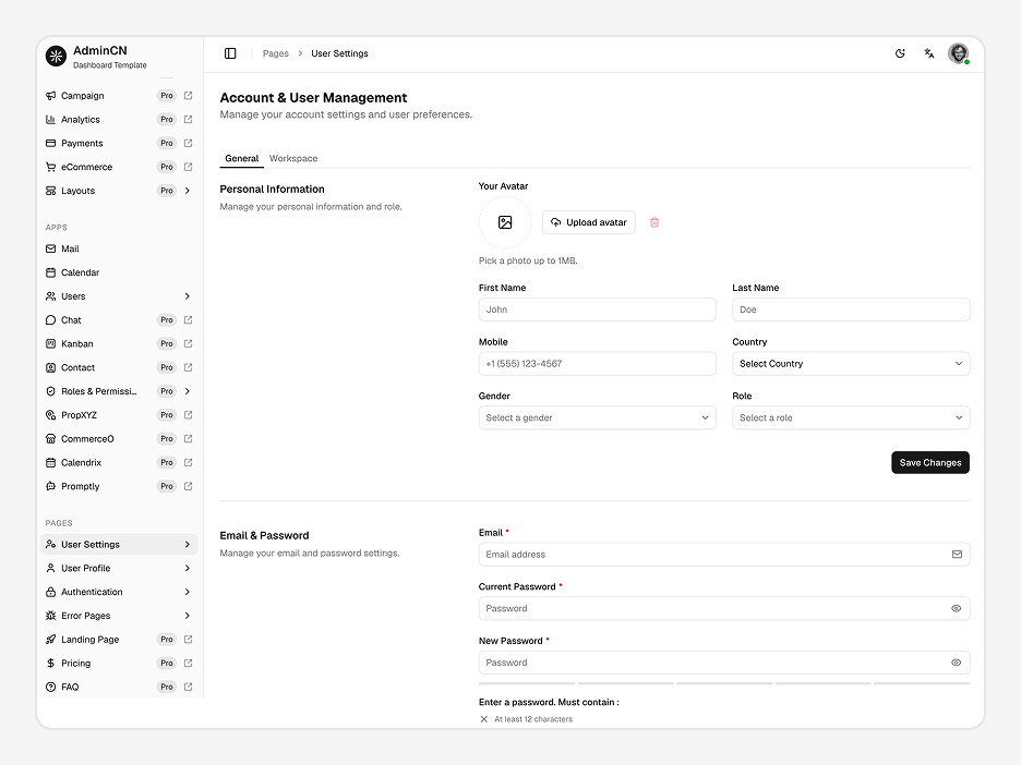 User Settings Page