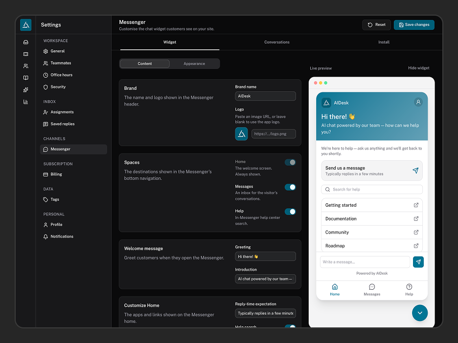 Messenger Settings Page