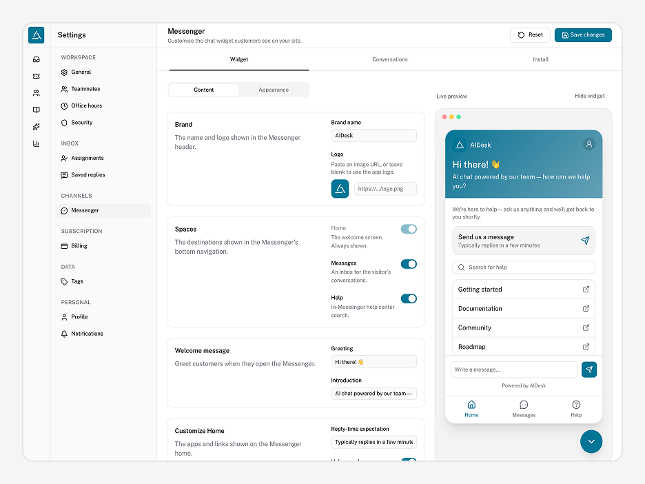 Messenger Settings Page