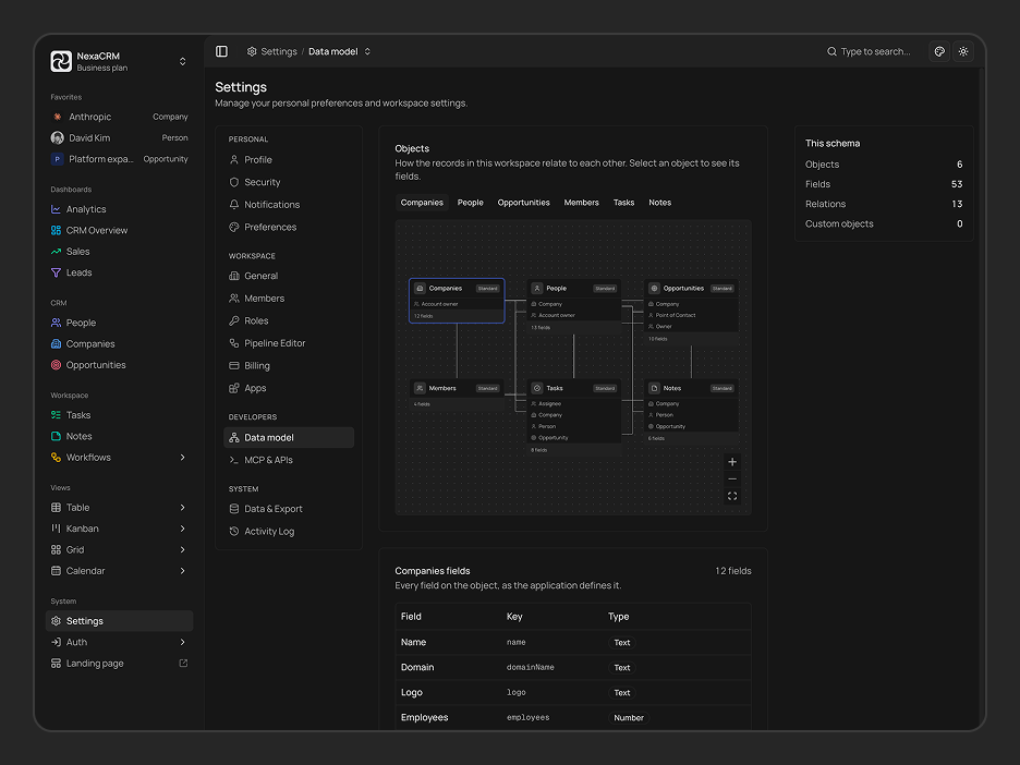 Settings (Data Model) Page