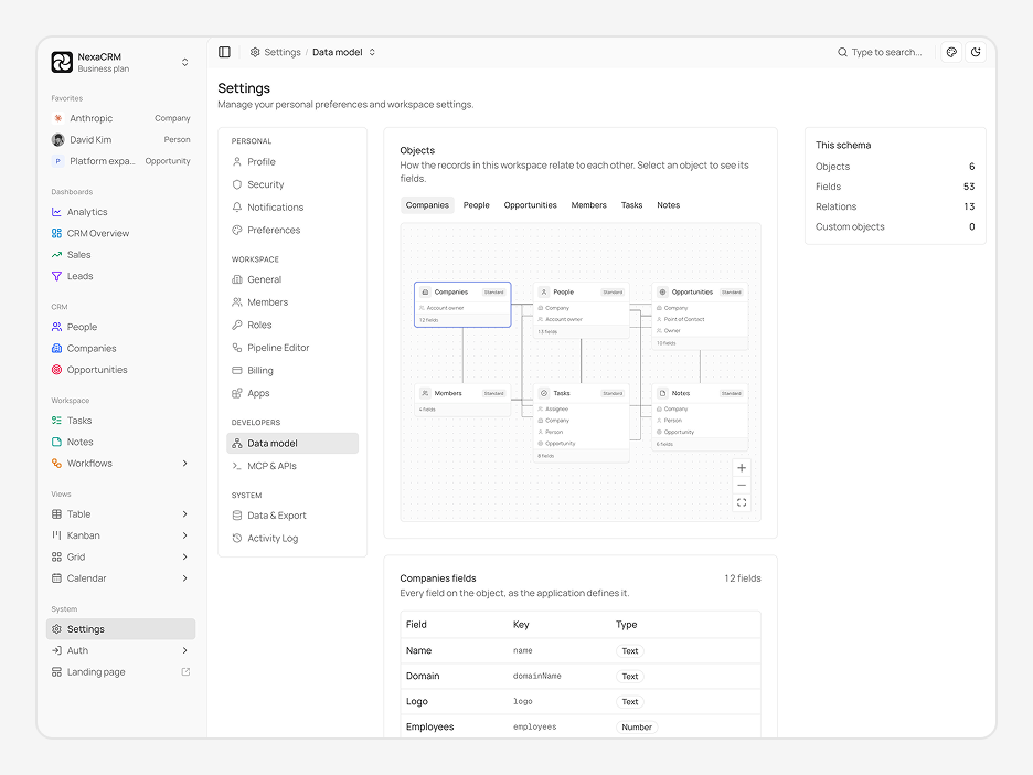 Settings (Data Model) Page
