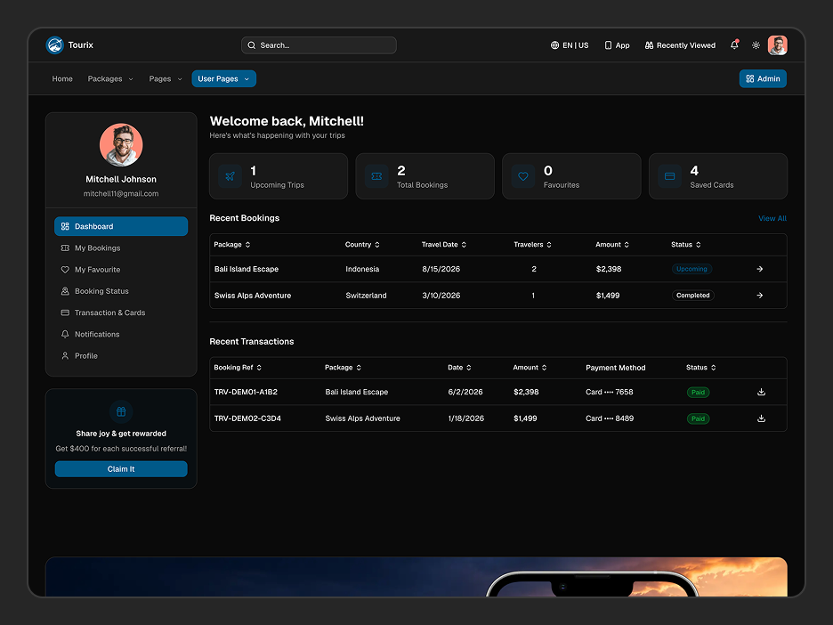User Dashboard Page