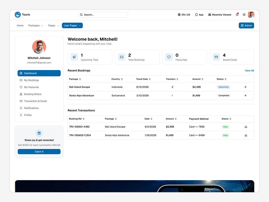 User Dashboard Page