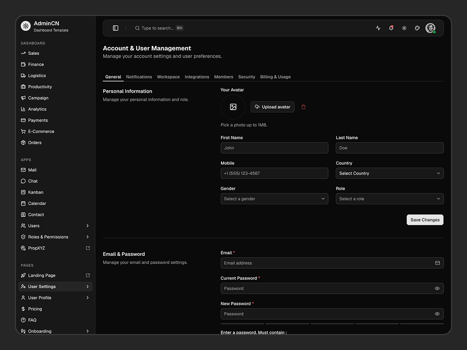User Settings Pages