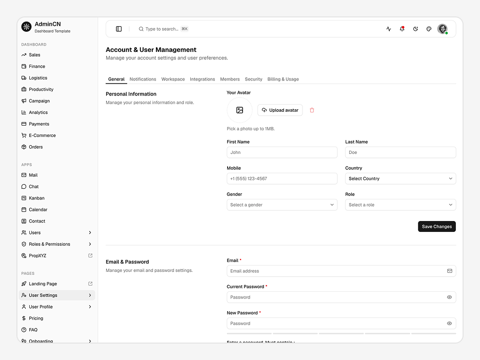 User Settings Pages