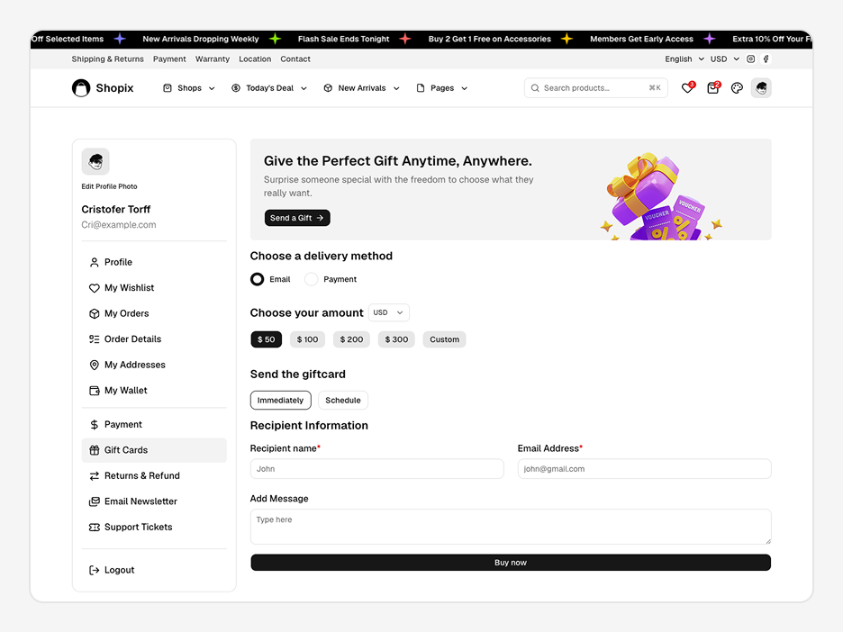 Gift Cards Page